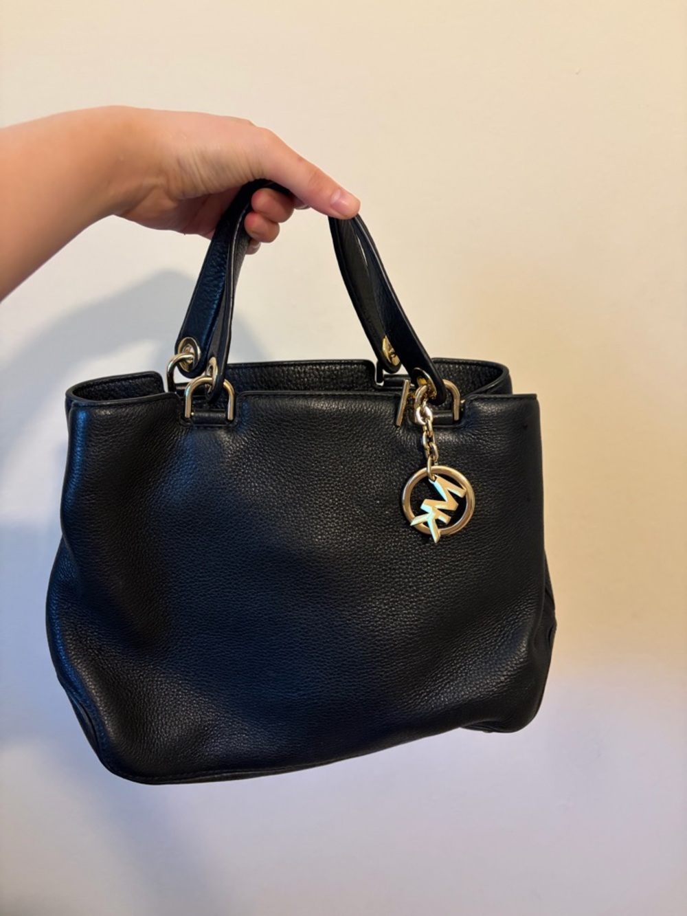 Michael Kors Black Pebbled Leather Tote with Gold MK Charm